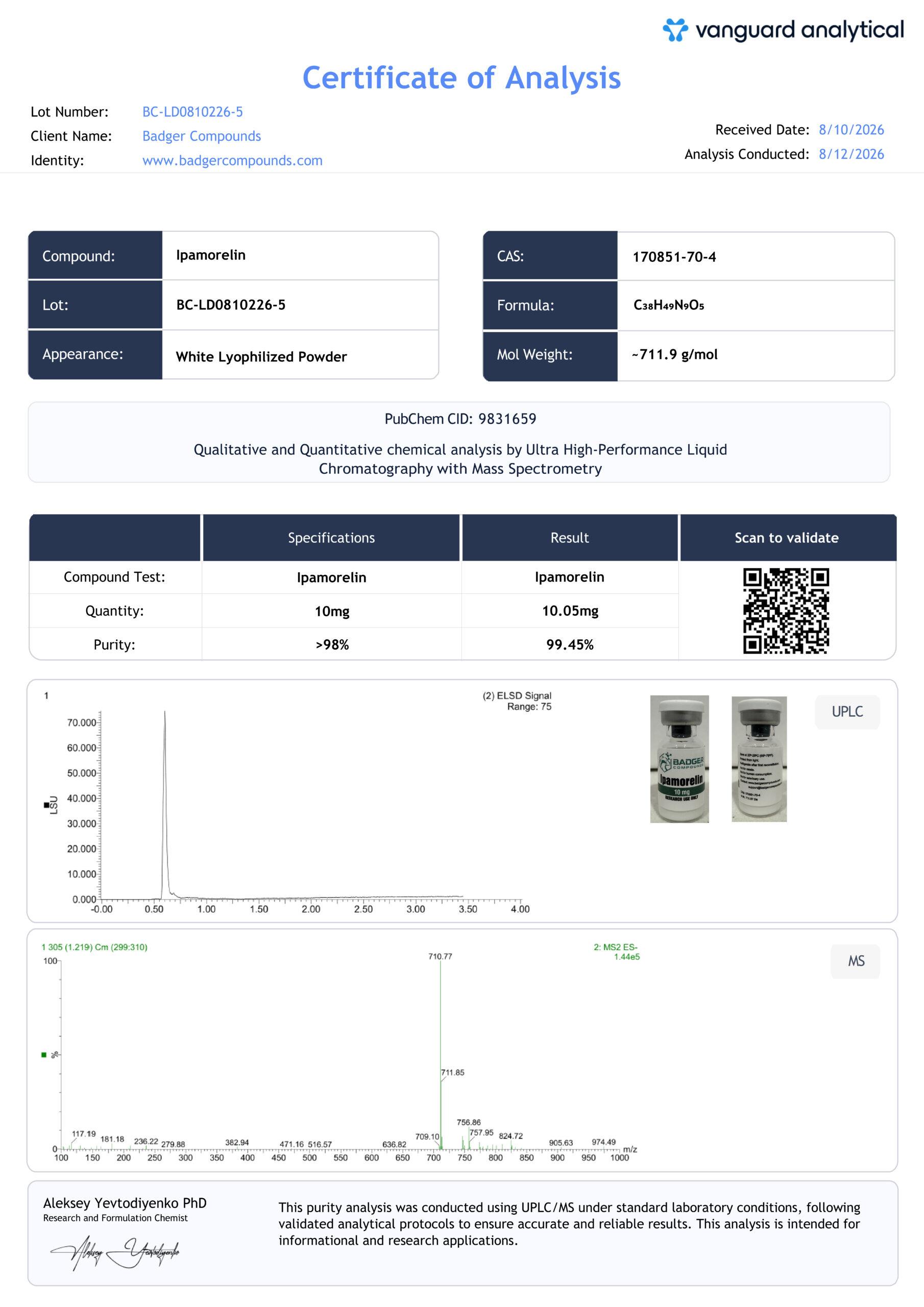 ipamorelin certificate of analysis Peptide Ascorbic acid and arsenic Size:10mL tallow