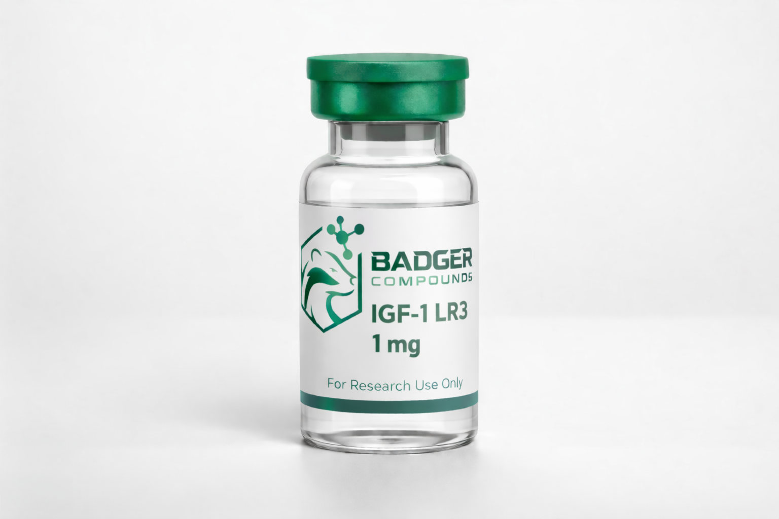 1mg vial IGF1-LR3 with Badger Compounds Logo