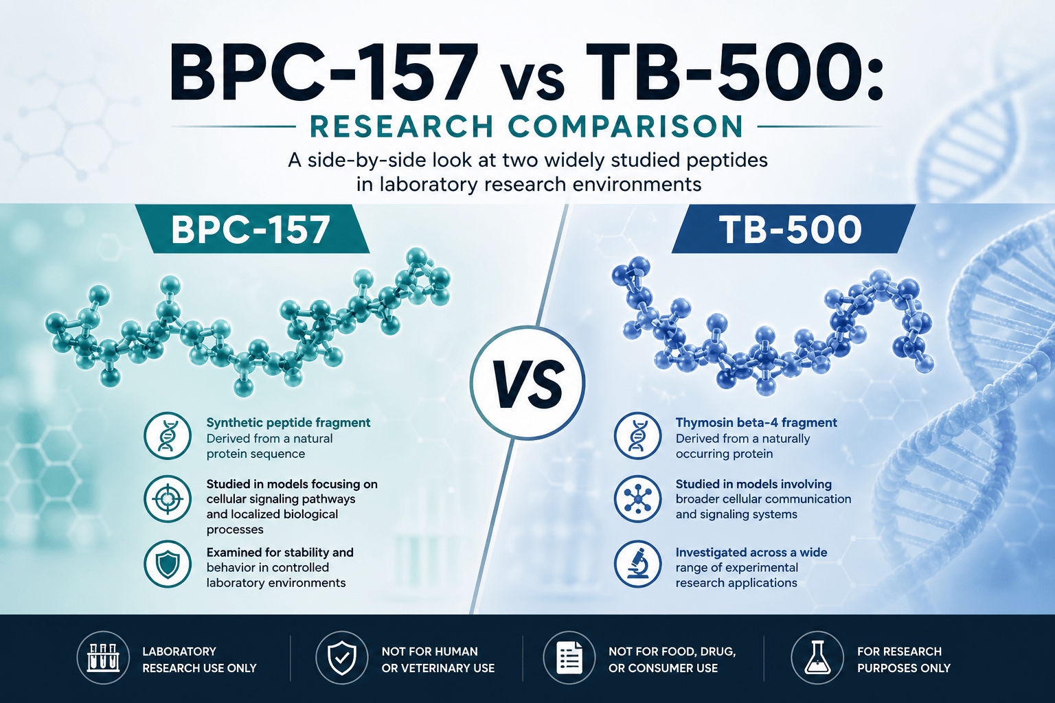 BPC-157 vs TB-500 comparison diagram showing structural differences and research applications in laboratory studies