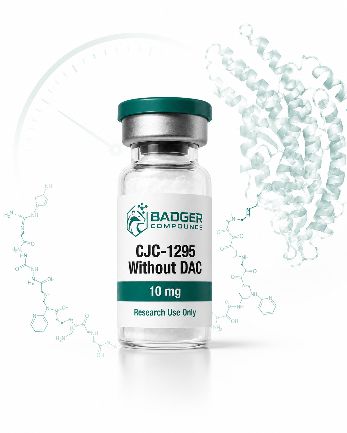 CJC-1295 GHRH analog peptide binding albumin protein to illustrate extended half-life in white and green