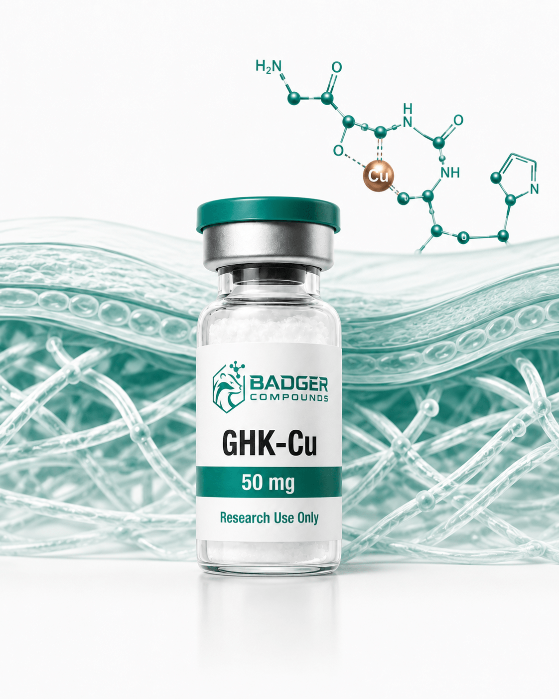 GHK-Cu copper tripeptide with collagen fiber network and skin matrix illustration in white and green