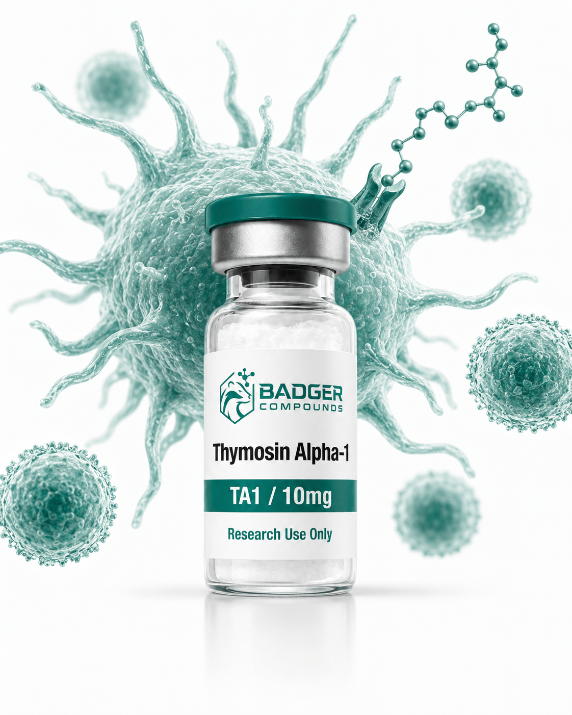 Thymosin Alpha-1 thymic peptide engaging immune cell receptors and T cells in white and green