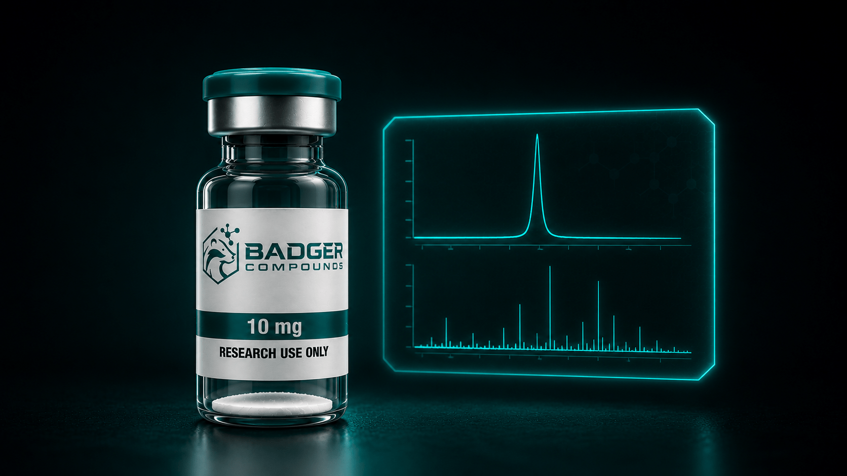 COA-verified peptide purity testing shown as a chromatogram and mass-spec data panel beside a Badger Compounds vial
