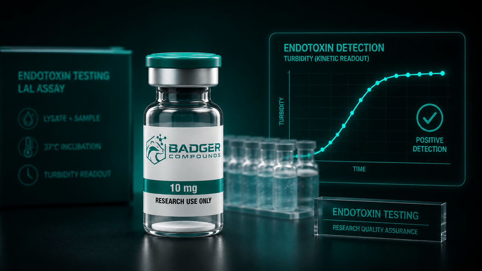 Endotoxin testing illustrated by a research peptide vial with an LAL assay data panel