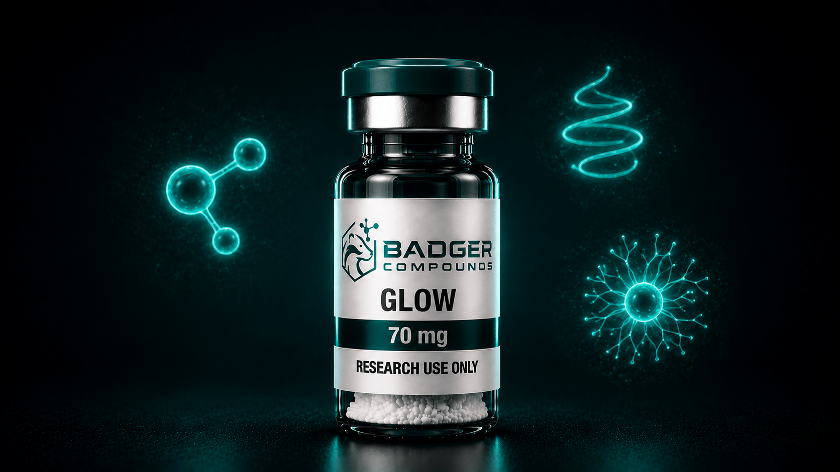 GLOW-70 peptide blend vial showing its three-compound composition