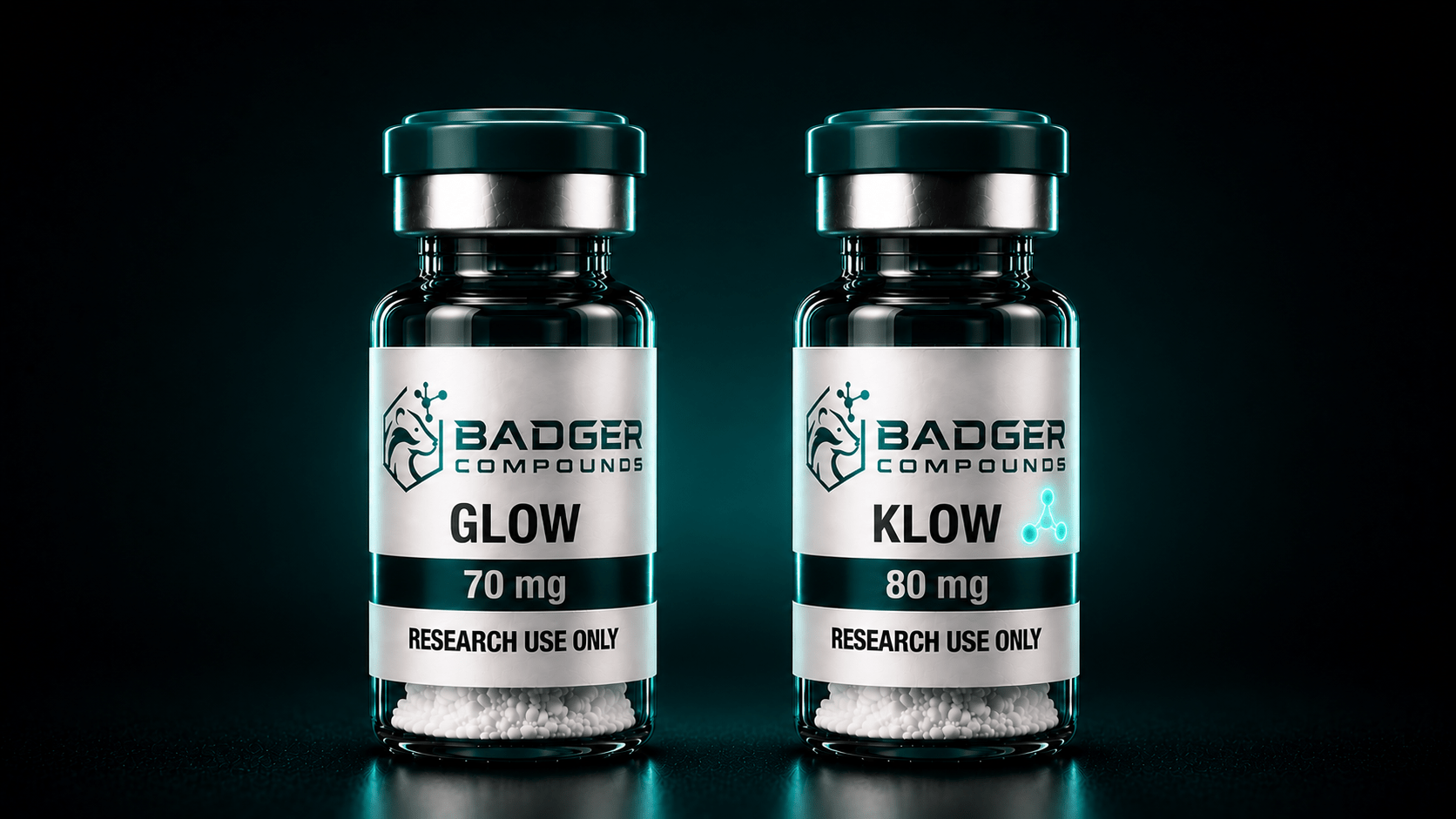 GLOW-70 vs KLOW-80 shown by two research peptide blend vials side by side