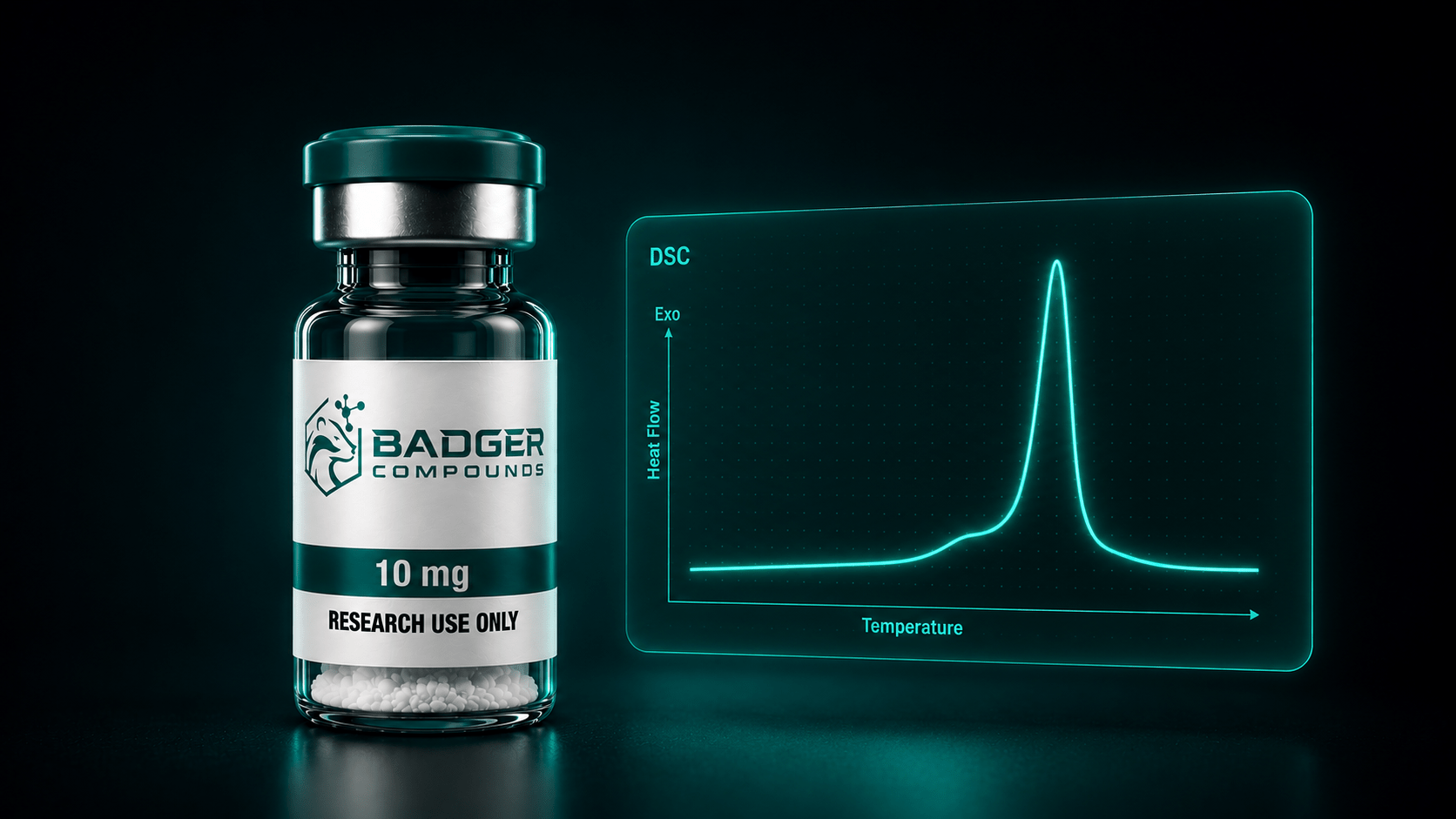 DSC peptide purity testing shown by a research peptide vial with a thermal transition curve