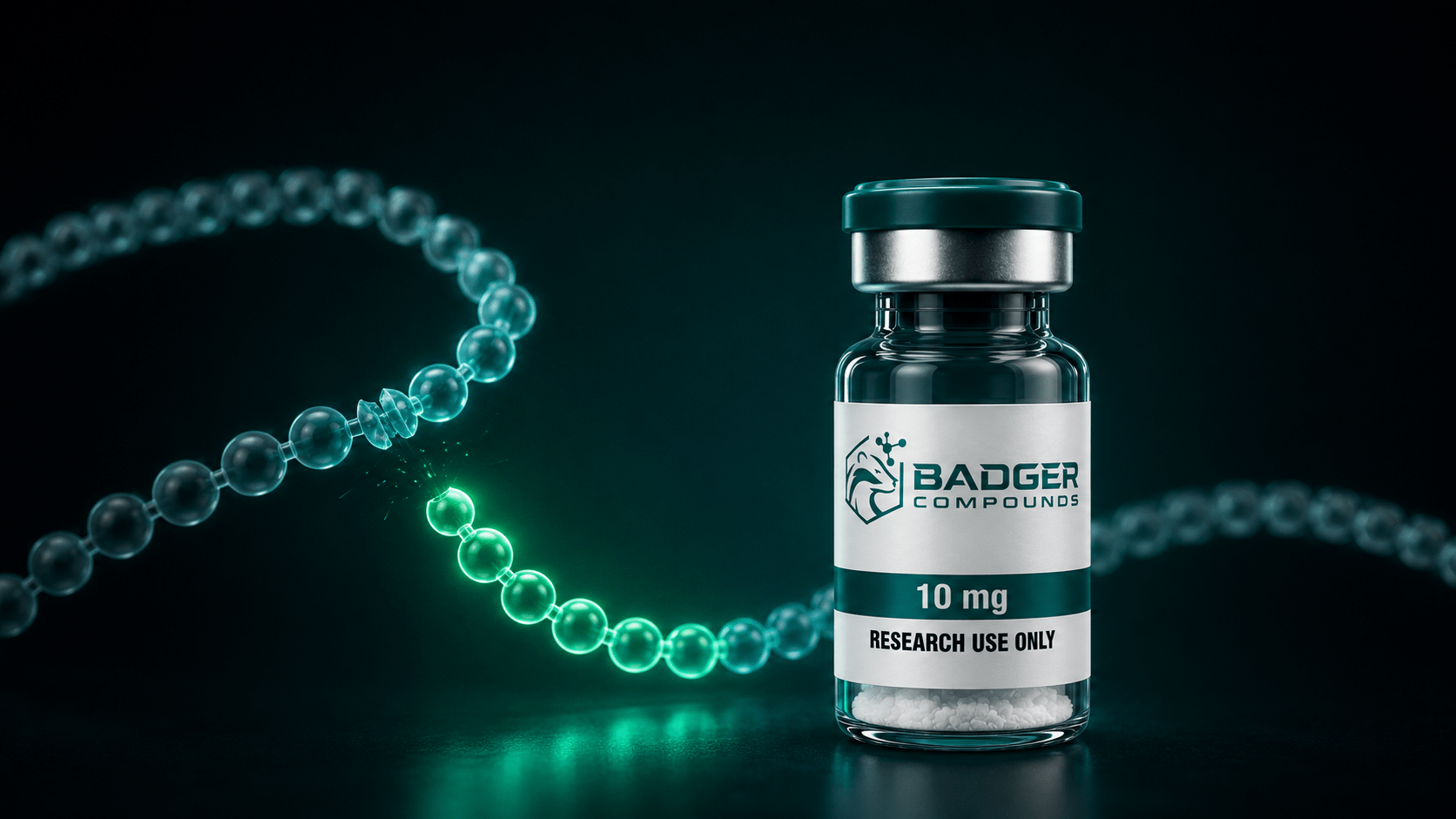 Prohormone processing shown by a research peptide vial with a precursor chain being cleaved into an active peptide