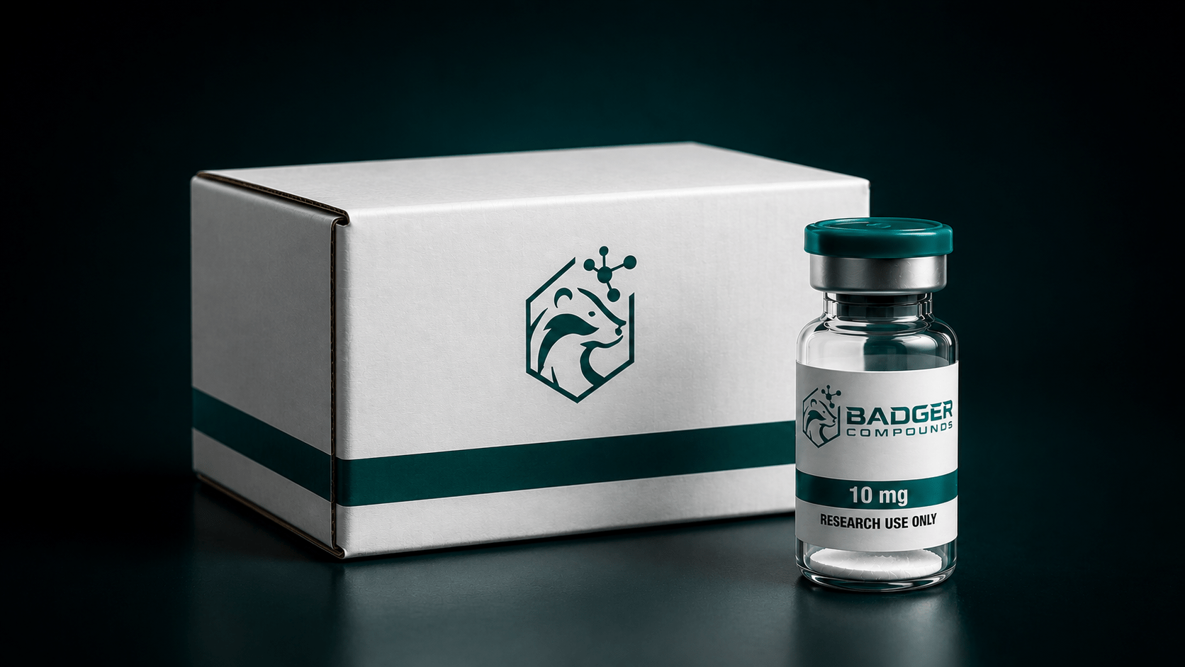 Research peptide fulfillment with a Badger Compounds shipping box and labeled vial on a dark teal background