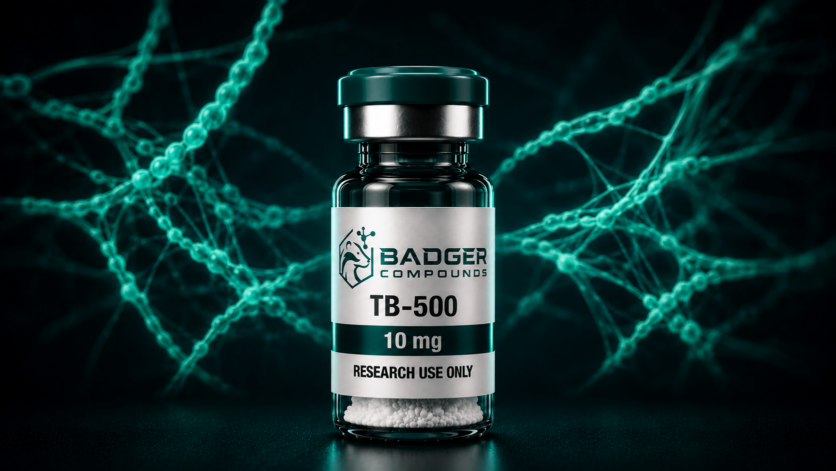 TB-500 research vial with an actin cytoskeleton and cell migration pathway motif