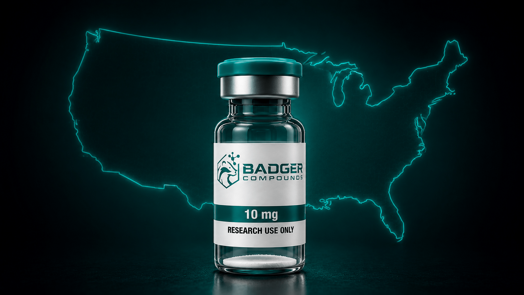 US-synthesized research peptides in a Badger Compounds vial set against a glowing outline of the United States