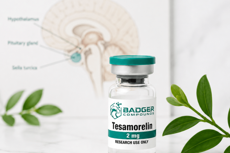 Tesamorelin growth hormone releasing hormone research - GHRH receptor agonist peptide investigation - Badger Compounds