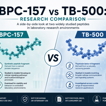 BPC-157 vs TB-500 comparison diagram showing structural differences and research applications in laboratory studies