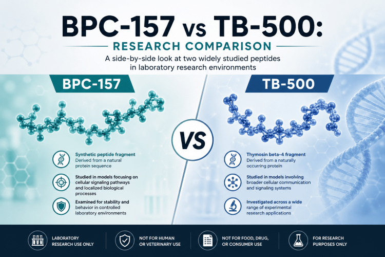BPC-157 vs TB-500 comparison shown by two research peptide vials with different mechanism motifs