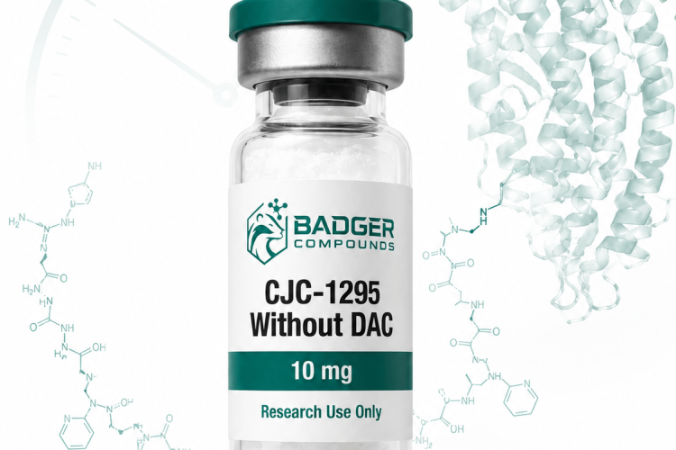 CJC-1295 GHRH analog peptide binding albumin protein to illustrate extended half-life in white and green