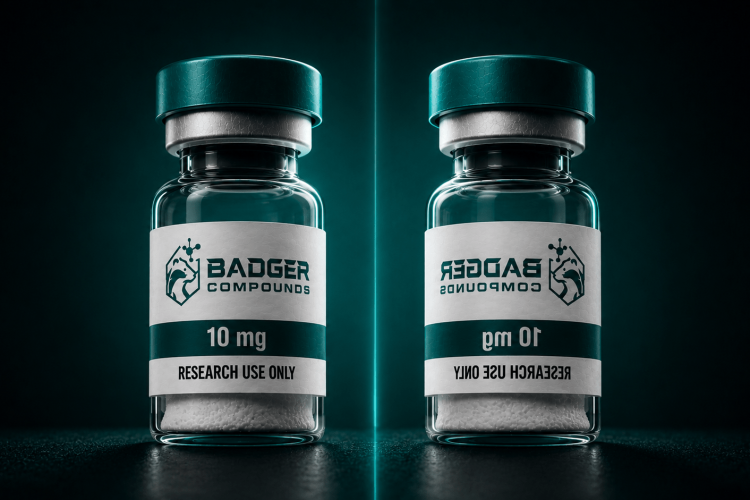 D vs L amino acids shown as mirror-image research peptide vials illustrating molecular chirality