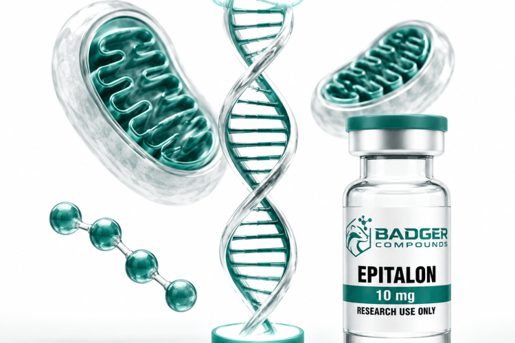 Epitalon tetrapeptide cellular aging research concept with abstract DNA, telomere caps and mitochondria in white and green