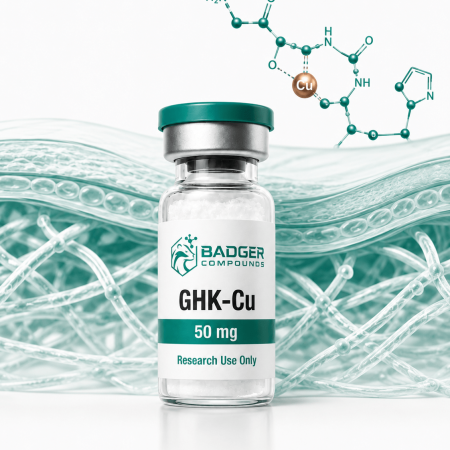 GHK-Cu copper tripeptide with collagen fiber network and skin matrix illustration in white and green