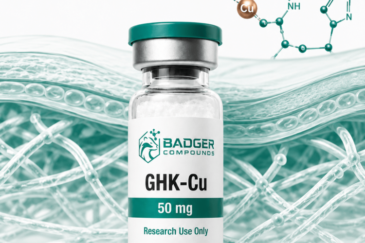 GHK-Cu copper tripeptide with collagen fiber network and skin matrix illustration in white and green