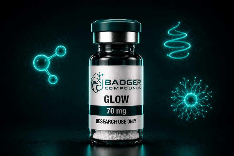 GLOW-70 peptide blend vial showing its three-compound composition