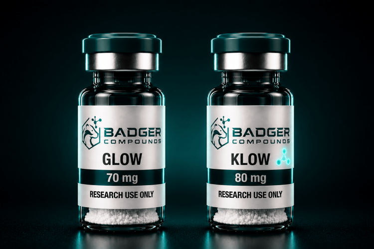 GLOW-70 vs KLOW-80 shown by two research peptide blend vials side by side