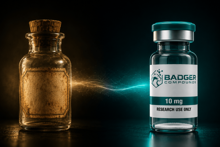 History of insulin illustrated by a research peptide vial evoking the first peptide drug ever discovered