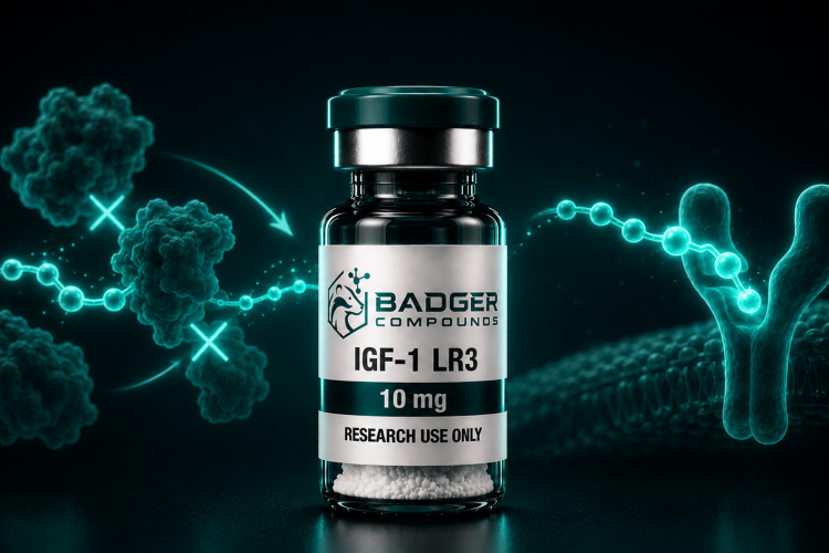 IGF-1 LR3 research vial with an IGF receptor and binding protein pathway motif