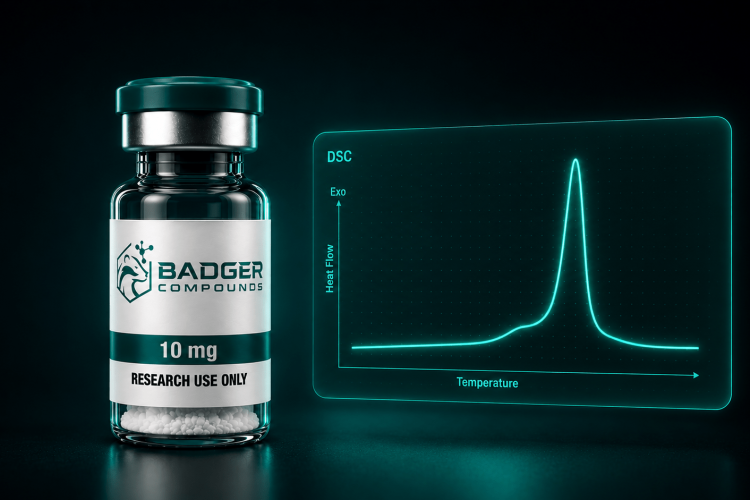 DSC peptide purity testing shown by a research peptide vial with a thermal transition curve