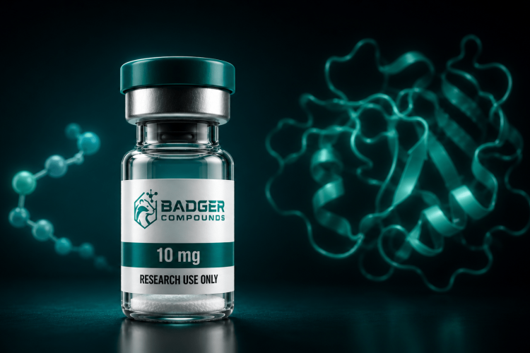 Peptides vs proteins shown by a research peptide vial with a short peptide chain and a folded protein structure behind it