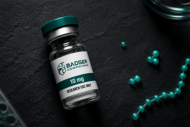 Peptides vs small molecules illustrated by a research peptide vial on a lab bench with a size-scale of molecules
