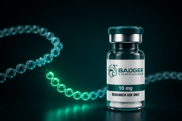 Prohormone processing shown by a research peptide vial with a precursor chain being cleaved into an active peptide