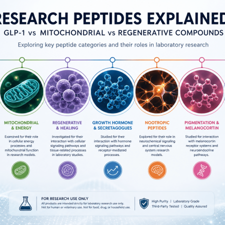 Research peptide categories diagram showing GLP-1, mitochondrial, and regenerative pathways