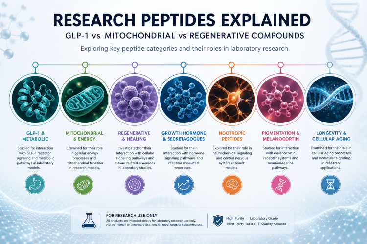 Research peptide categories diagram showing GLP-1, mitochondrial, and regenerative pathways