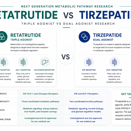 Retatrutide vs Tirzepatide research infographic comparing triple agonist and dual agonist receptor pathways
