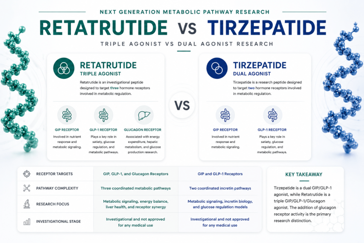 Retatrutide vs Tirzepatide research infographic comparing triple agonist and dual agonist receptor pathways