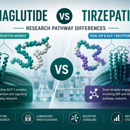Semaglutide vs Tirzepatide research pathway differences infographic showing GLP-1 receptor agonist compared with dual GIP and GLP-1 receptor signaling pathways in laboratory research.