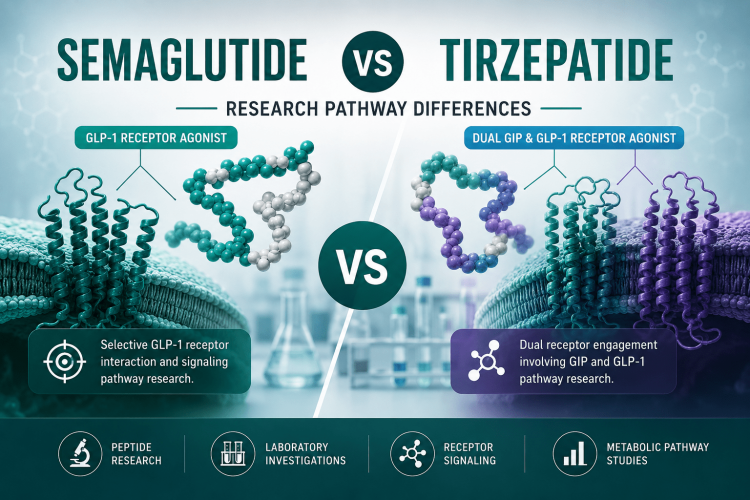 Semaglutide vs Tirzepatide research pathway differences infographic showing GLP-1 receptor agonist compared with dual GIP and GLP-1 receptor signaling pathways in laboratory research.