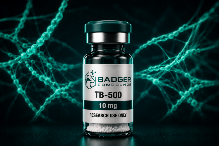 TB-500 research vial with an actin cytoskeleton and cell migration pathway motif