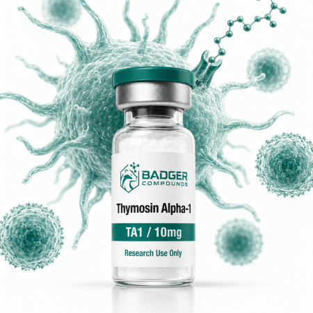 Thymosin Alpha-1 thymic peptide engaging immune cell receptors and T cells in white and green
