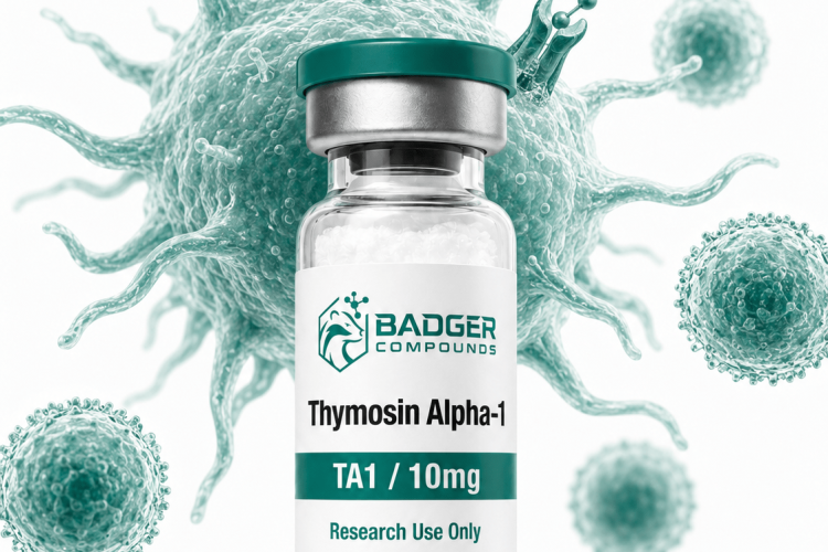 Thymosin Alpha-1 thymic peptide engaging immune cell receptors and T cells in white and green