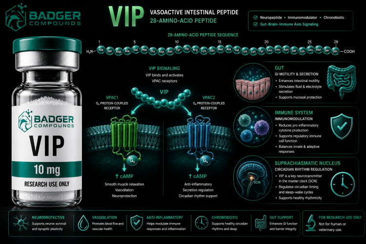 Vasoactive intestinal peptide VIP research vial with VPAC receptor and circadian clock motifs