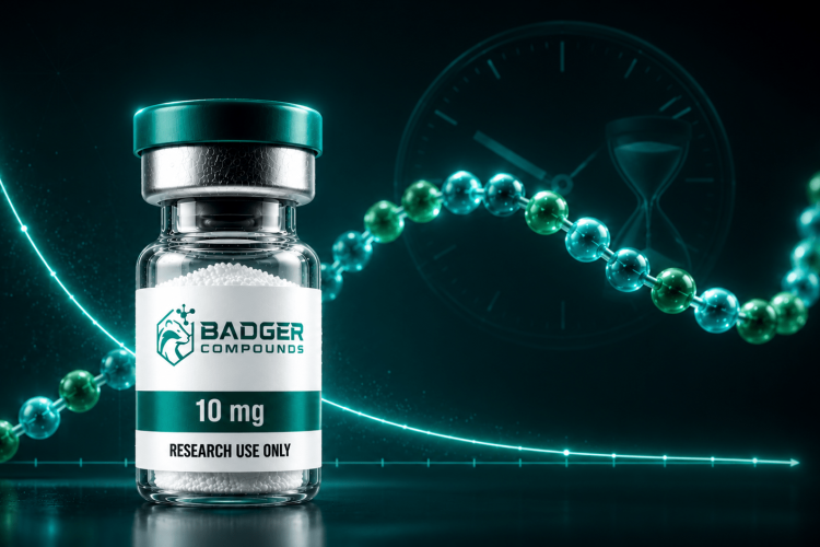Peptide half-life illustrated by a research peptide vial with a decay curve showing plasma concentration over time