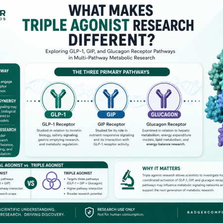 Scientific infographic explaining triple agonist research involving GLP-1, GIP, and glucagon receptor pathways in multi-pathway metabolic research.
