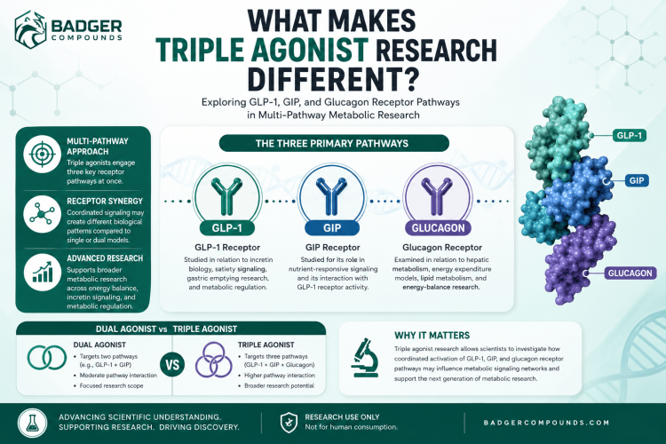 Scientific infographic explaining triple agonist research involving GLP-1, GIP, and glucagon receptor pathways in multi-pathway metabolic research.